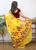 Yellow Embroidered Kashmiri Aari Work Georgette Saree - Luxurion World