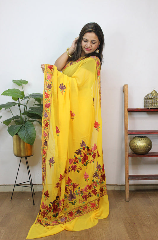 Yellow Embroidered Kashmiri Aari Work Georgette Saree - Luxurion World