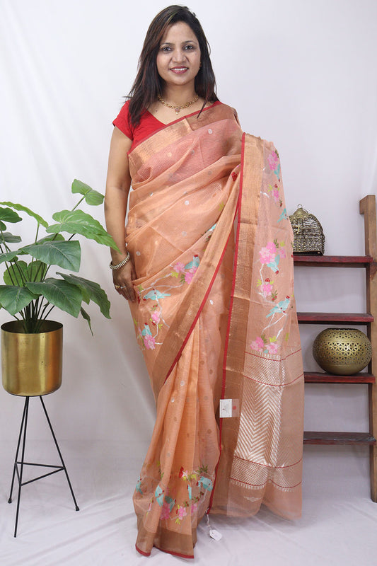 Orange Handloom Kota Doria Real Zari Bird And Flower Design Saree - Luxurion World