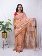 Orange Handloom Kota Doria Real Zari Bird And Flower Design Saree - Luxurion World