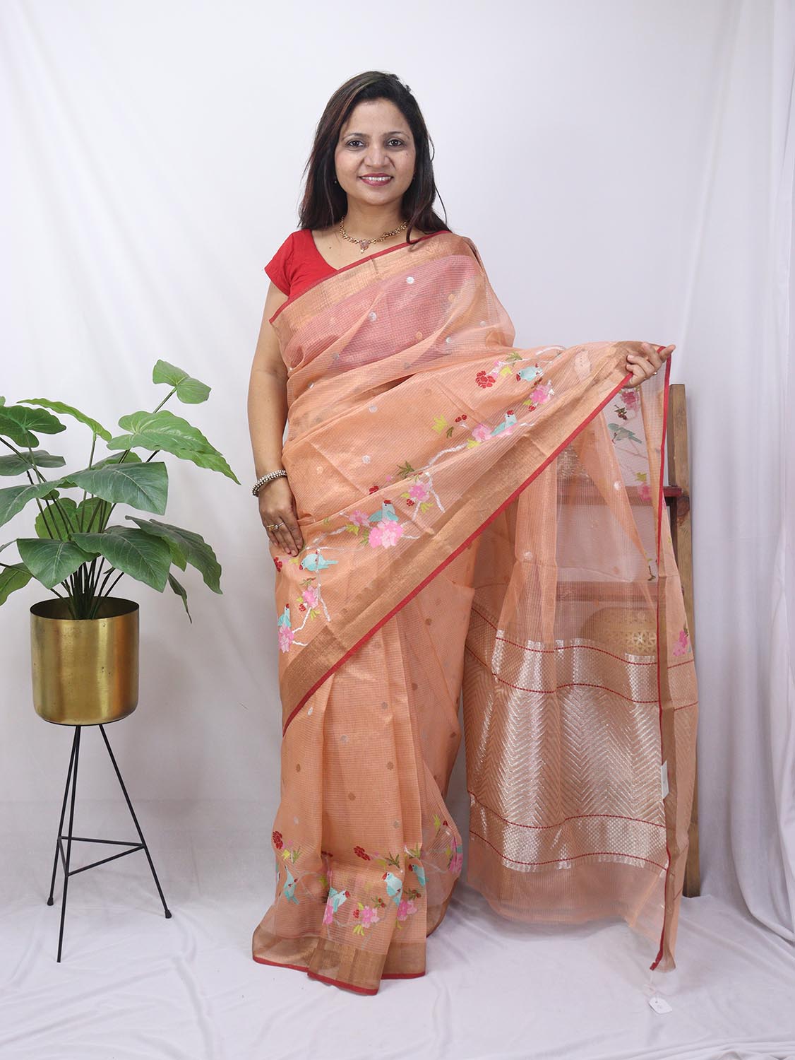 Orange Handloom Kota Doria Real Zari Bird And Flower Design Saree - Luxurion World