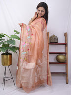 Orange Handloom Kota Doria Real Zari Bird And Flower Design Saree - Luxurion World