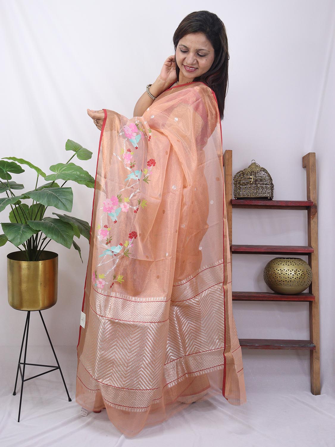 Orange Handloom Kota Doria Real Zari Bird And Flower Design Saree - Luxurion World