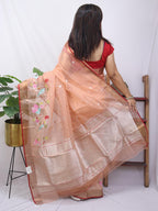 Orange Handloom Kota Doria Real Zari Bird And Flower Design Saree - Luxurion World