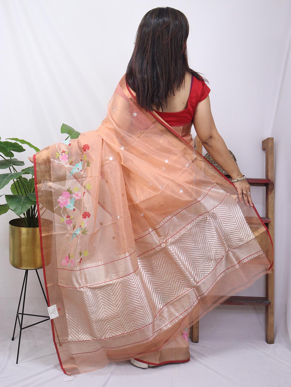 Orange Handloom Kota Doria Real Zari Bird And Flower Design Saree - Luxurion World