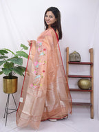 Orange Handloom Kota Doria Real Zari Bird And Flower Design Saree - Luxurion World