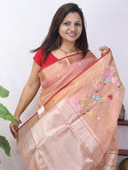 Orange Handloom Kota Doria Real Zari Bird And Flower Design Saree - Luxurion World
