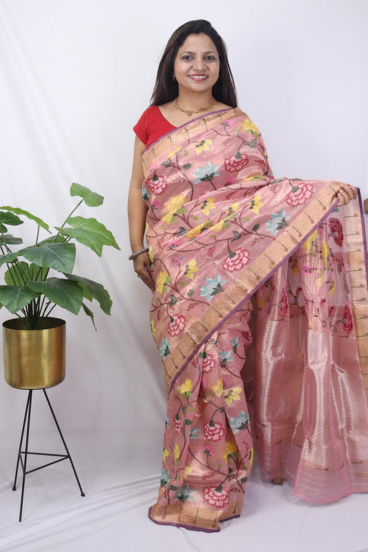 Pink Handloom Tissue Kota Doria Real Zari Flower Design Saree - Luxurion World