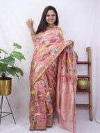 Pink Handloom Tissue Kota Doria Real Zari Flower Design Saree - Luxurion World