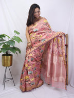 Pink Handloom Tissue Kota Doria Real Zari Flower Design Saree - Luxurion World