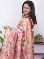 Pink Handloom Tissue Kota Doria Real Zari Flower Design Saree - Luxurion World