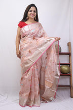 Pink Handloom Kota Doria Real Zari Bird And Flower Design Saree - Luxurion World