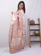 Pink Handloom Kota Doria Real Zari Bird And Flower Design Saree - Luxurion World