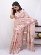 Pink Handloom Kota Doria Real Zari Bird And Flower Design Saree - Luxurion World