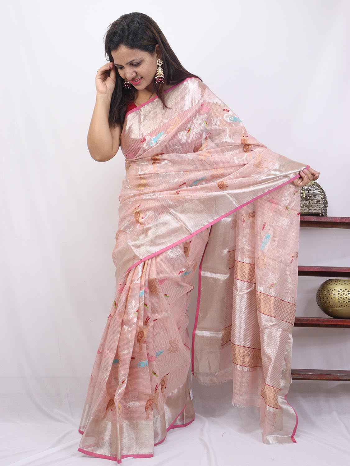 Pink Handloom Kota Doria Real Zari Bird And Flower Design Saree - Luxurion World
