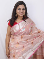 Pink Handloom Kota Doria Real Zari Bird And Flower Design Saree - Luxurion World
