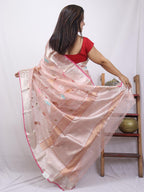 Pink Handloom Kota Doria Real Zari Bird And Flower Design Saree - Luxurion World