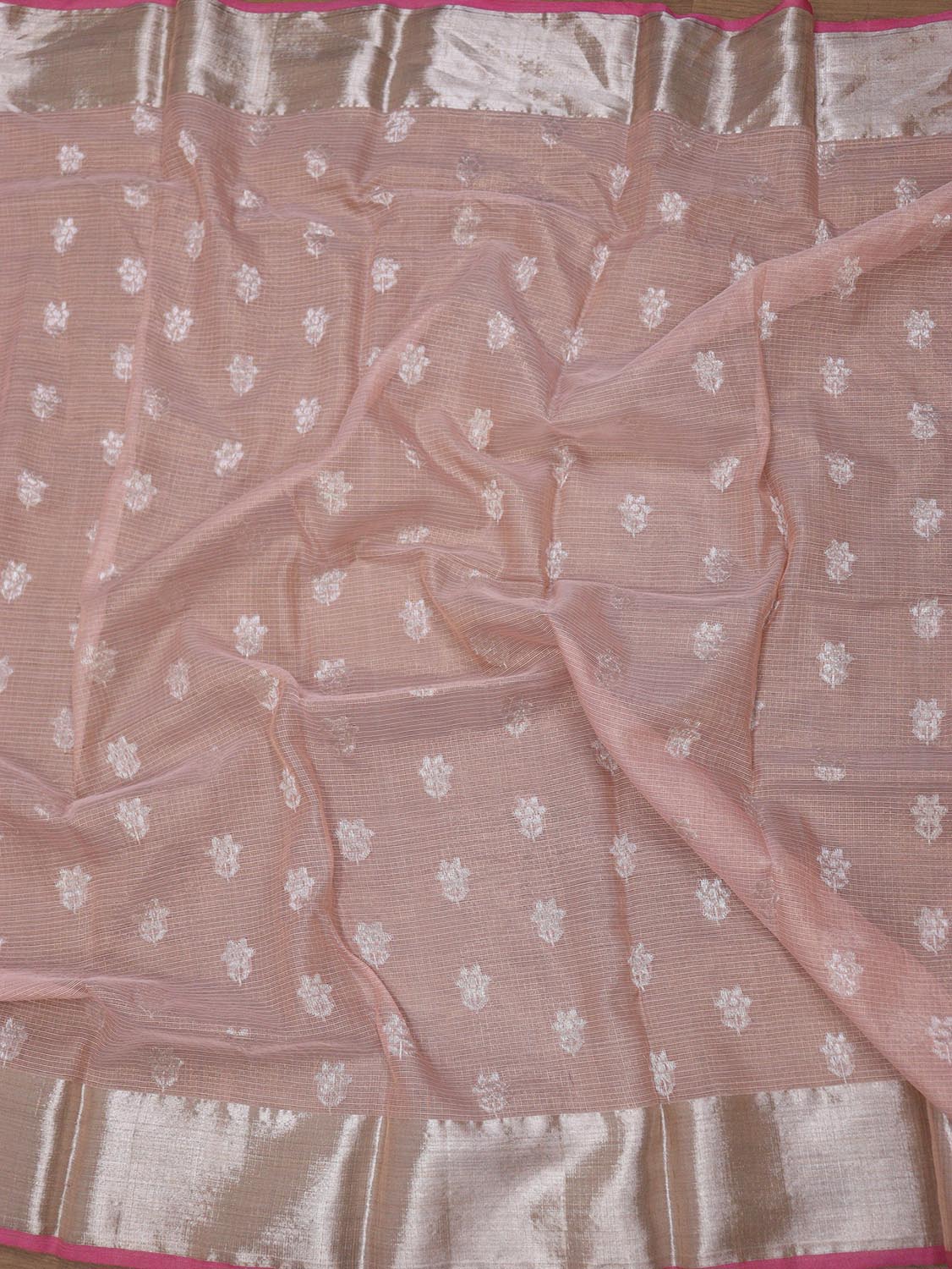 Pink Handloom Kota Doria Real Zari Bird And Flower Design Saree - Luxurion World