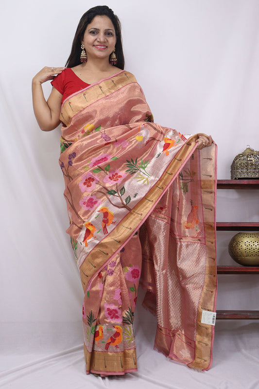 Pink Handloom Tissue Kota Doria Real Zari Flower Design Saree - Luxurion World