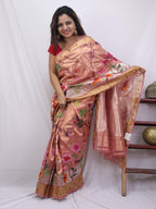 Pink Handloom Tissue Kota Doria Real Zari Flower Design Saree - Luxurion World