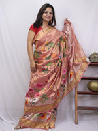 Pink Handloom Tissue Kota Doria Real Zari Flower Design Saree - Luxurion World