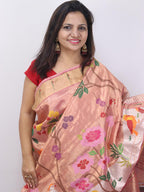 Pink Handloom Tissue Kota Doria Real Zari Flower Design Saree - Luxurion World