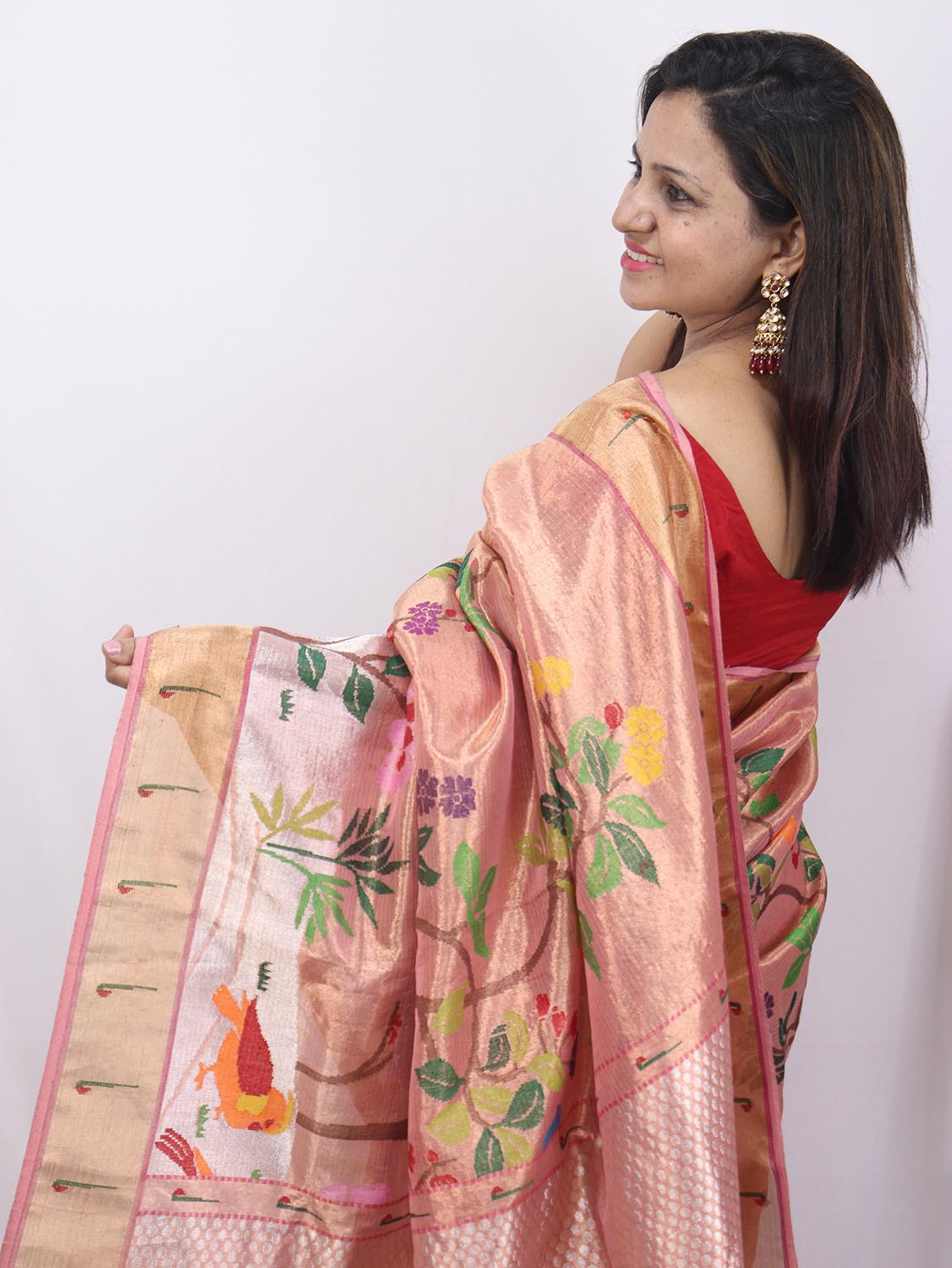 Pink Handloom Tissue Kota Doria Real Zari Flower Design Saree - Luxurion World