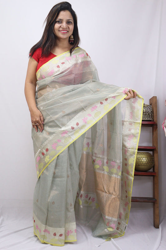 Grey Handloom Kota Doria Real Zari Bird And Flower Design Saree - Luxurion World