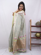 Grey Handloom Kota Doria Real Zari Bird And Flower Design Saree - Luxurion World