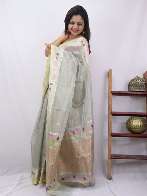 Grey Handloom Kota Doria Real Zari Bird And Flower Design Saree - Luxurion World