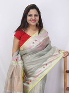 Grey Handloom Kota Doria Real Zari Bird And Flower Design Saree - Luxurion World