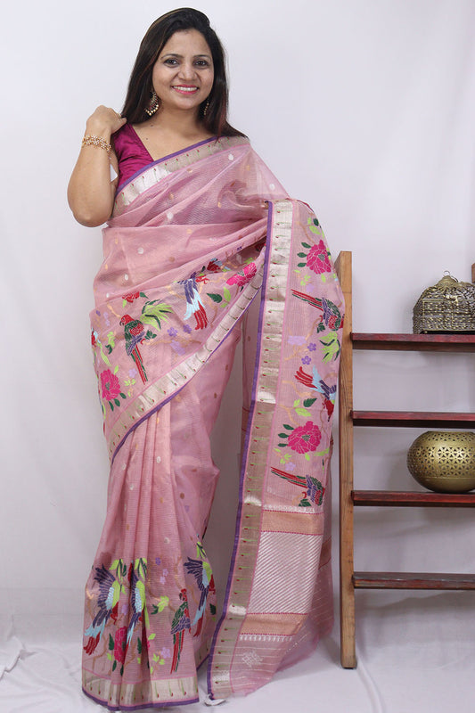 Pink Handloom Kota Doria Real Zari Bird And Flower Design Saree - Luxurion World