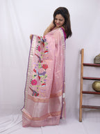 Pink Handloom Kota Doria Real Zari Bird And Flower Design Saree - Luxurion World