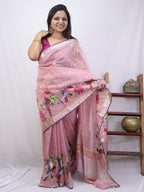 Pink Handloom Kota Doria Real Zari Bird And Flower Design Saree - Luxurion World