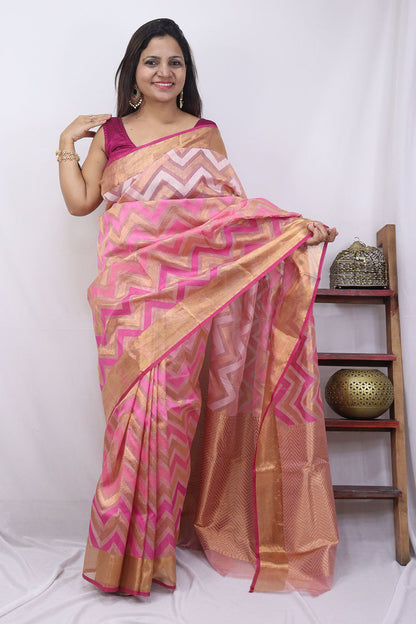 Pink Handloom Kota Doria Real Zari Saree - Luxurion World