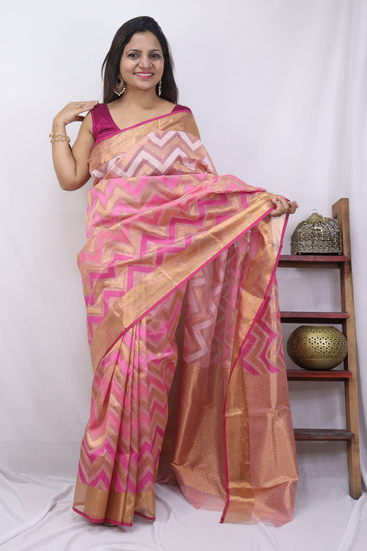 Pink Handloom Kota Doria Real Zari Saree - Luxurion World
