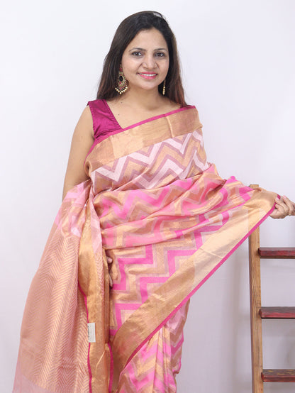 Pink Handloom Kota Doria Real Zari Saree - Luxurion World