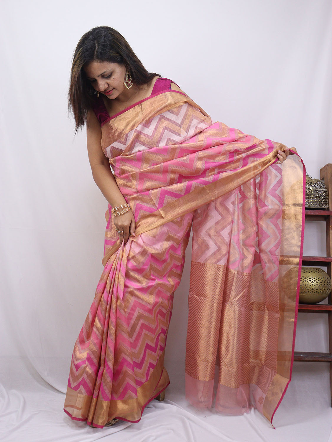 Pink Handloom Kota Doria Real Zari Saree - Luxurion World