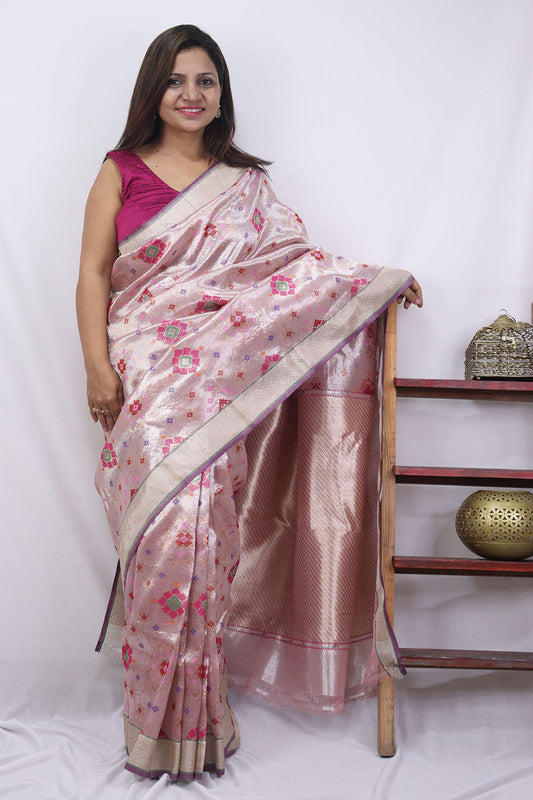Pink Handloom Kota Doria Real Zari Saree - Luxurion World