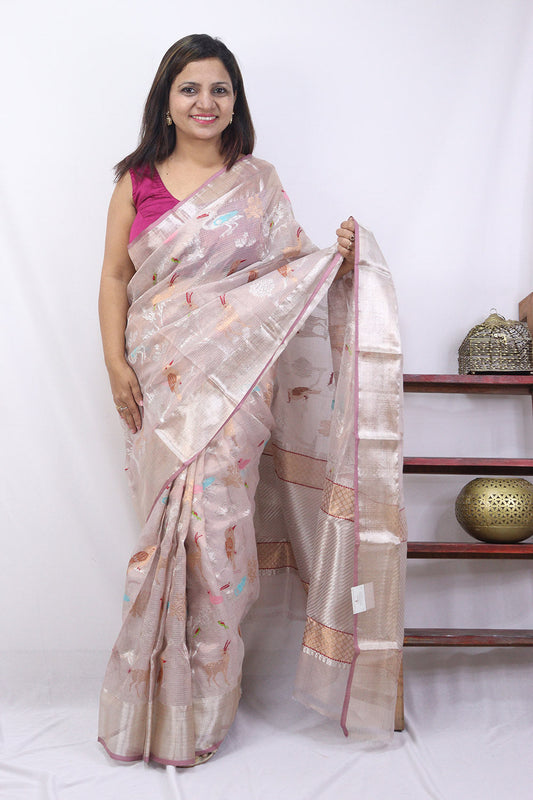 Pastel Handloom Kota Doria Real Zari Saree - Luxurion World