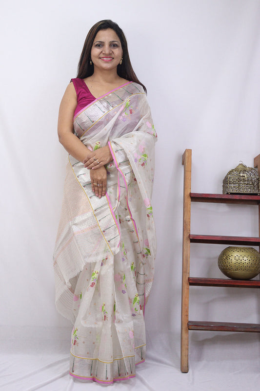 Pastel Handloom Kota Doria Real Zari Saree - Luxurion World