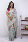 Blue Handloom Kota Doria Real Zari Saree - Luxurion World