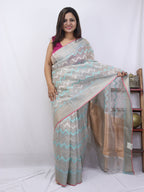 Blue Handloom Kota Doria Real Zari Saree - Luxurion World