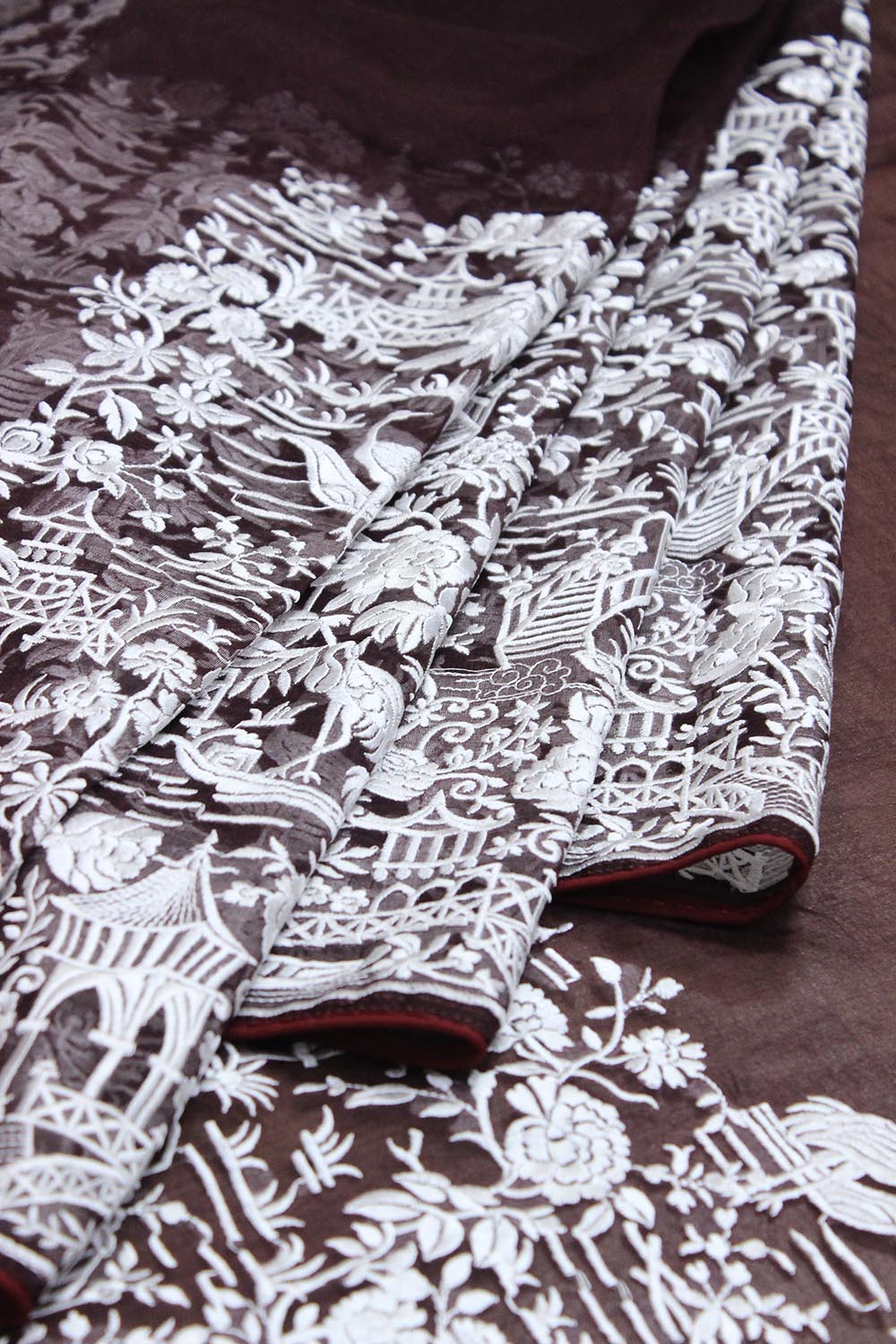 Brown Embroidered Parsi Gara Organza Bird And Floral Design Saree - Luxurion World