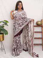 Brown Embroidered Parsi Gara Organza Bird And Floral Design Saree - Luxurion World