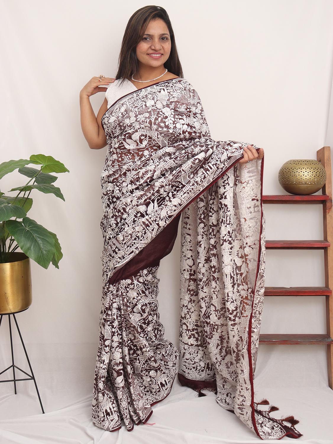 Brown Embroidered Parsi Gara Organza Bird And Floral Design Saree - Luxurion World