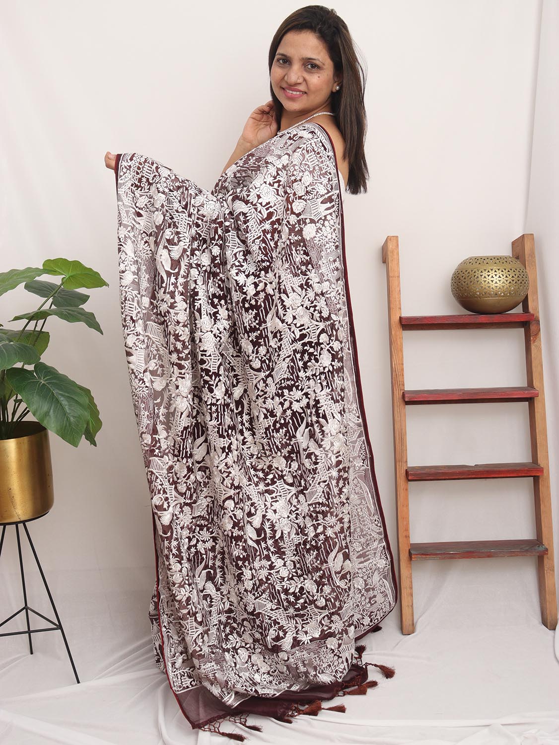 Brown Embroidered Parsi Gara Organza Bird And Floral Design Saree - Luxurion World