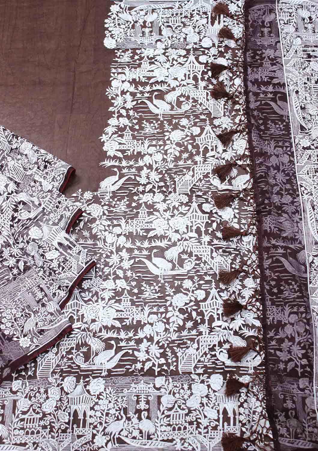 Brown Embroidered Parsi Gara Organza Bird And Floral Design Saree - Luxurion World