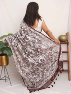 Brown Embroidered Parsi Gara Organza Bird And Floral Design Saree - Luxurion World