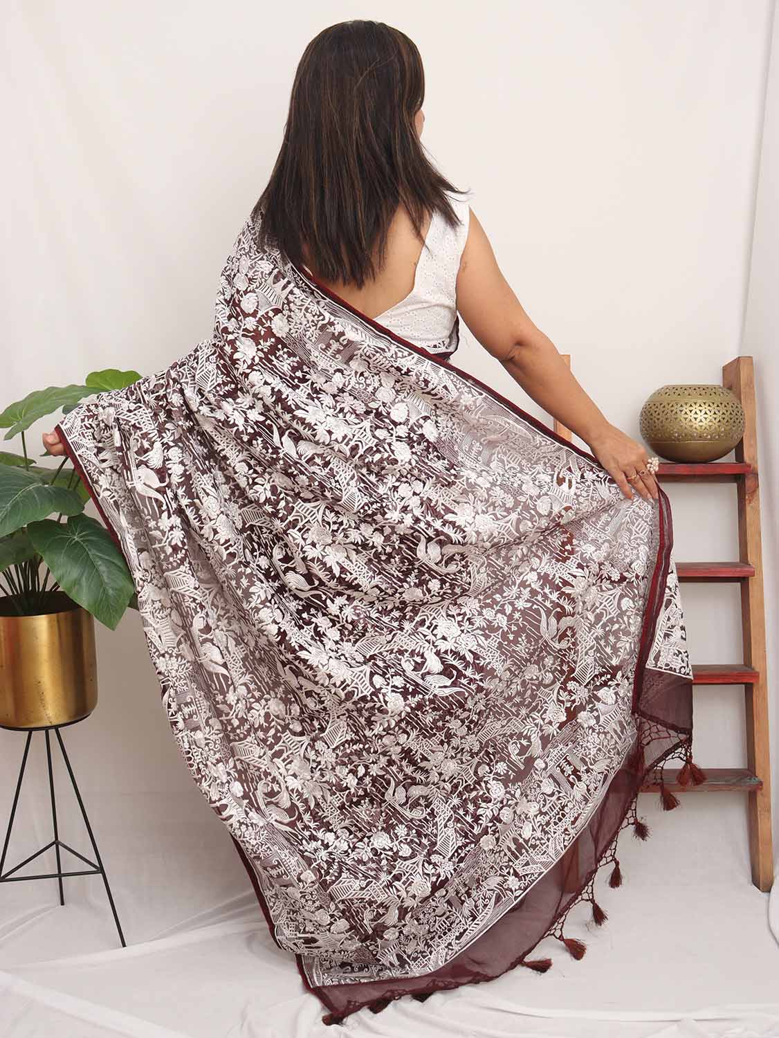 Brown Embroidered Parsi Gara Organza Bird And Floral Design Saree - Luxurion World